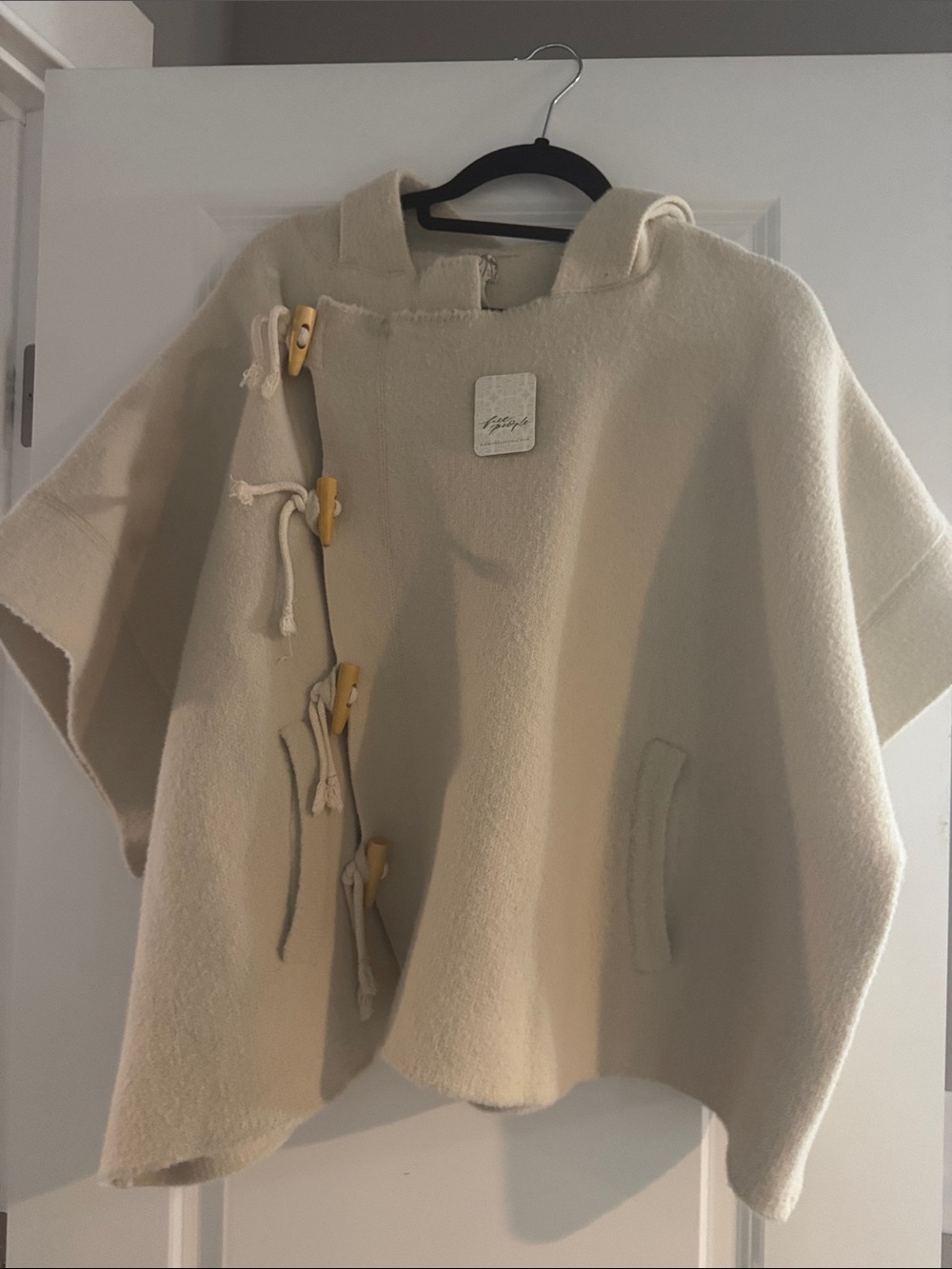Free People Cream Hooded Poncho with Toggle Closures
